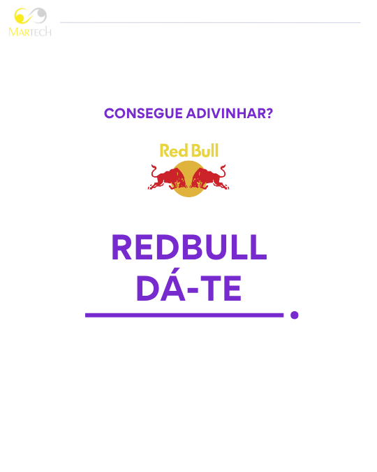 A imagem apresenta o logótipo da Red Bull com a pergunta "Consegue adivinhar?" seguida do slogan incompleto "Red Bull dá-te ___".